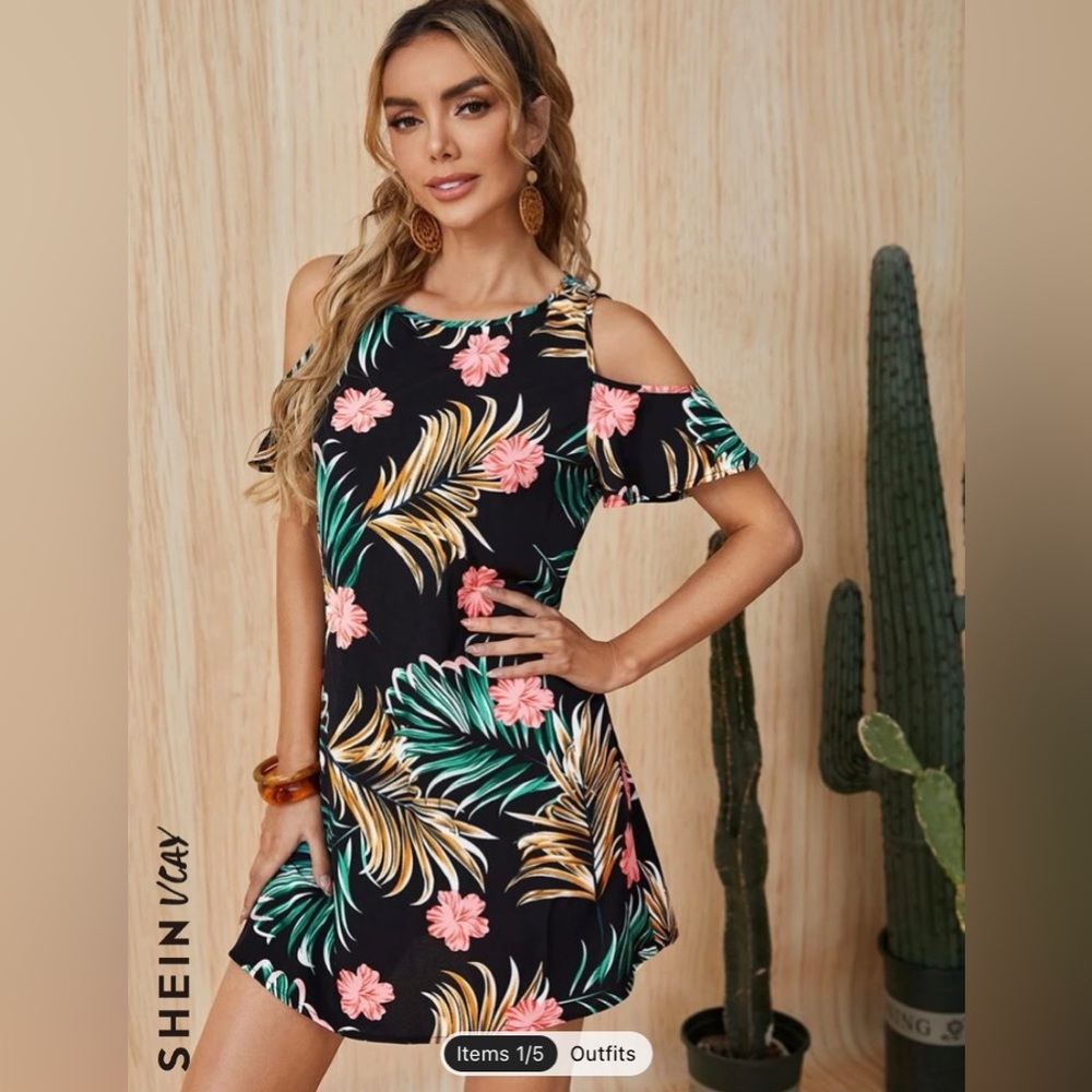 NWOT SHEIN TROPICAL PULL OVER COLD SHOULDER DRESS